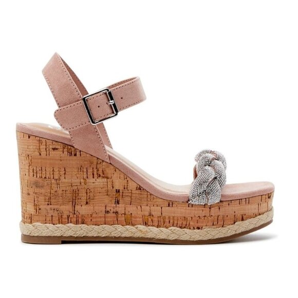 Madden Nyc Blush Braided Rhinestone Adjustable Strap Wedge Sandals Size 11 - Picture 5 of 10